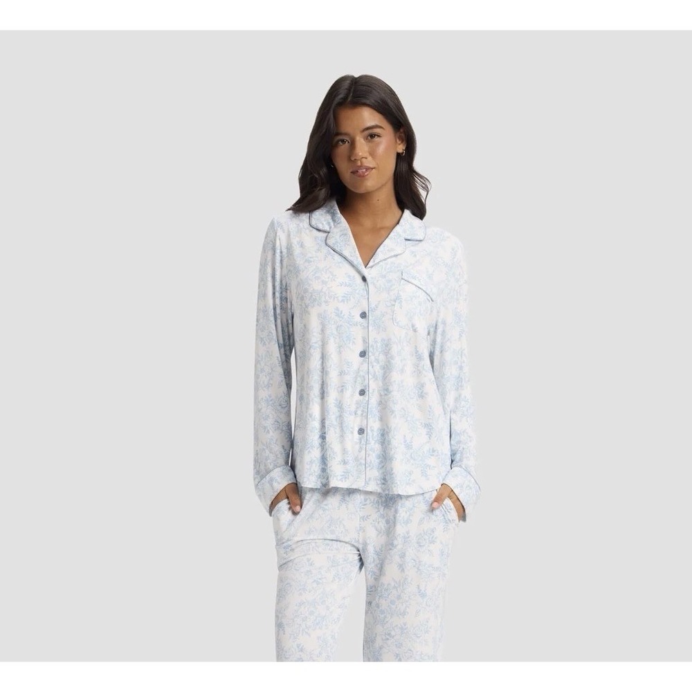 Cozy Earth Sz S Long Sleeve Bamboo Pajama Shirt Sky Toile Pattern Floral Pastel